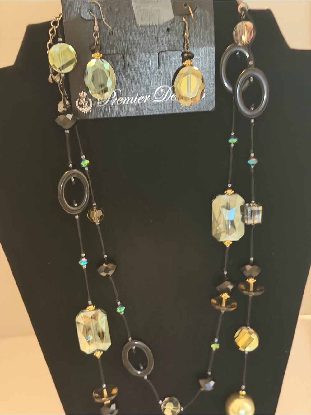 Premier Designs Green and Black Faceted Bead Long Necklace with Earrings
